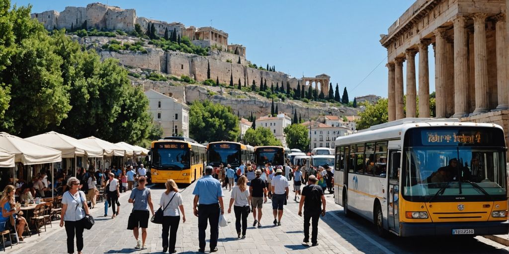 Athens street with buses and ancient ruins