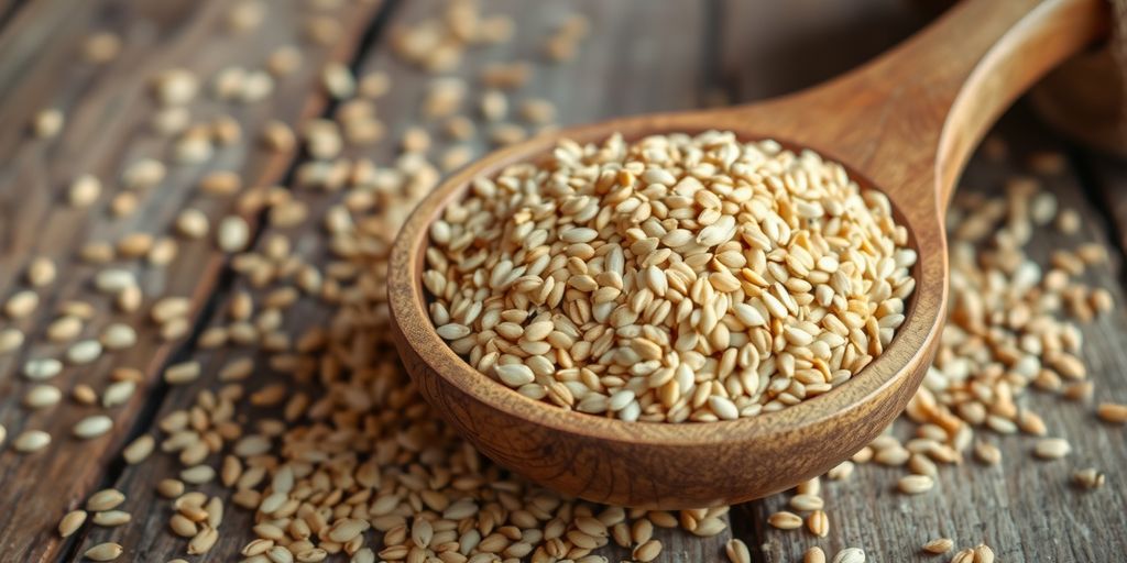 Bowl of organic sesame seeds on wooden table