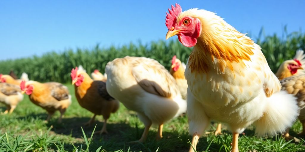 Healthy chicken broilers in a lush farm environment.
