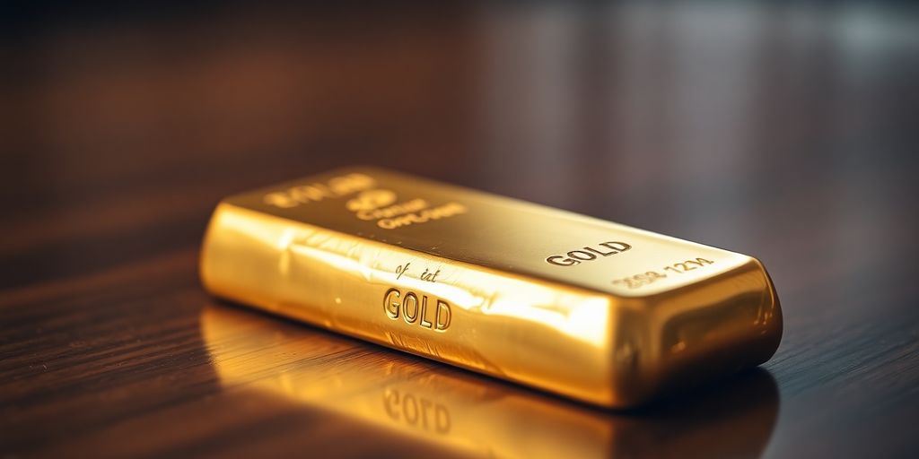 Lingot d'or sur une surface en bois poli.