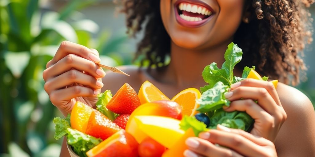 Person happily eating vibrant fruits and vegetables.