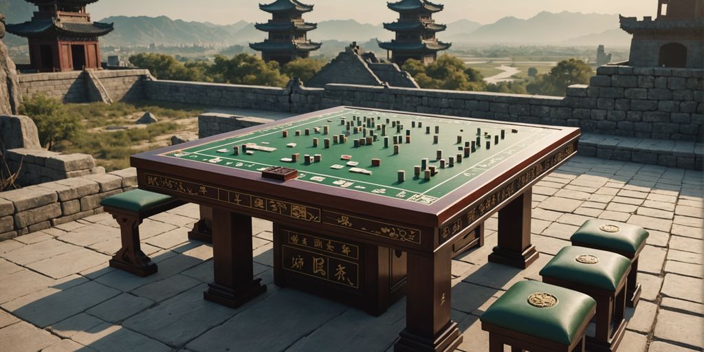 Mahjong table with military-themed tiles.