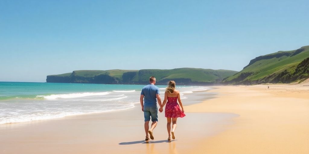 Couple enjoying a sunny beach vacation.