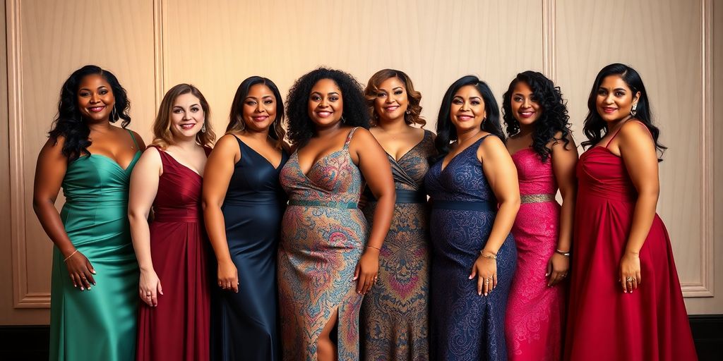 Plus size women in stylish cocktail dresses at an event.