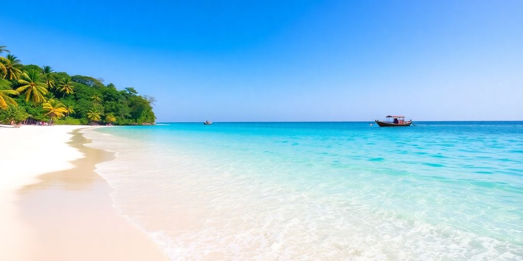 Turquoise water, white sand, lush green island.