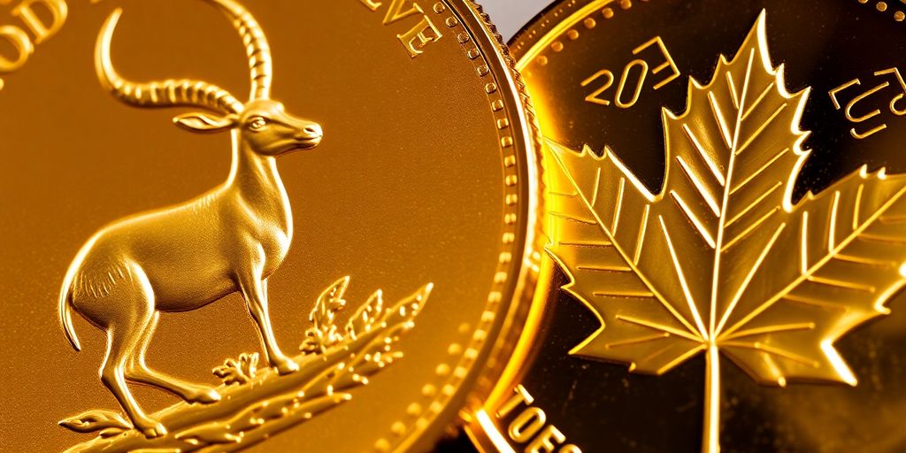 Deux pièces d'or côte à côte, un Krugerrand et une Maple Leaf.
