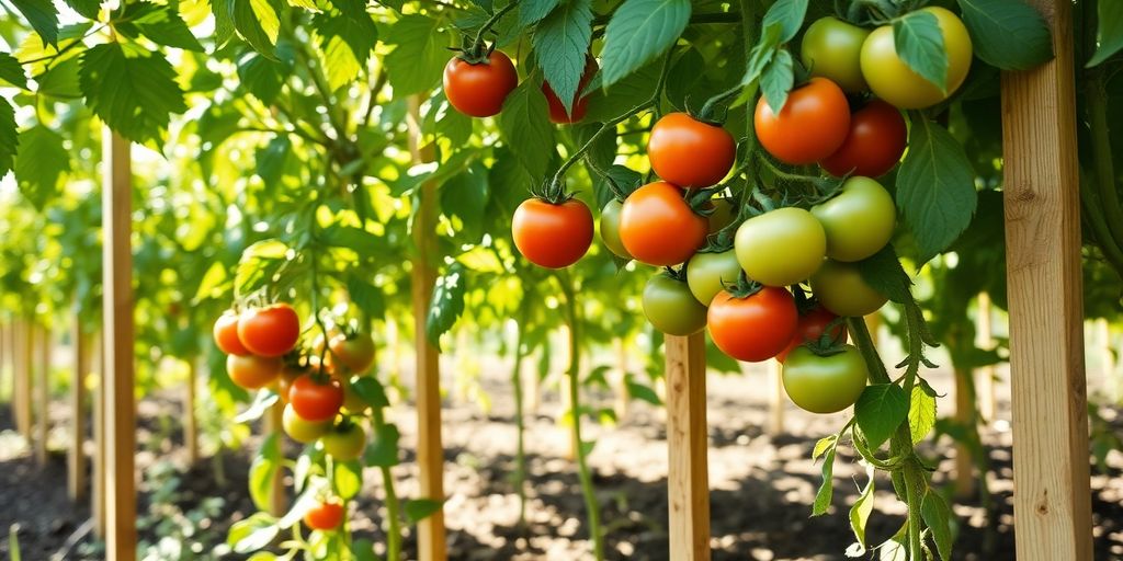 Tomatenpflanzen werden im Garten gestützt