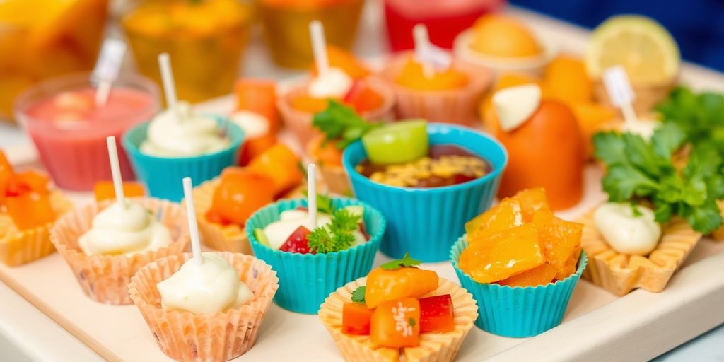 อาหารว่างหลากหลายสีสันน่ารับประทาน จัดวางสวยงาม