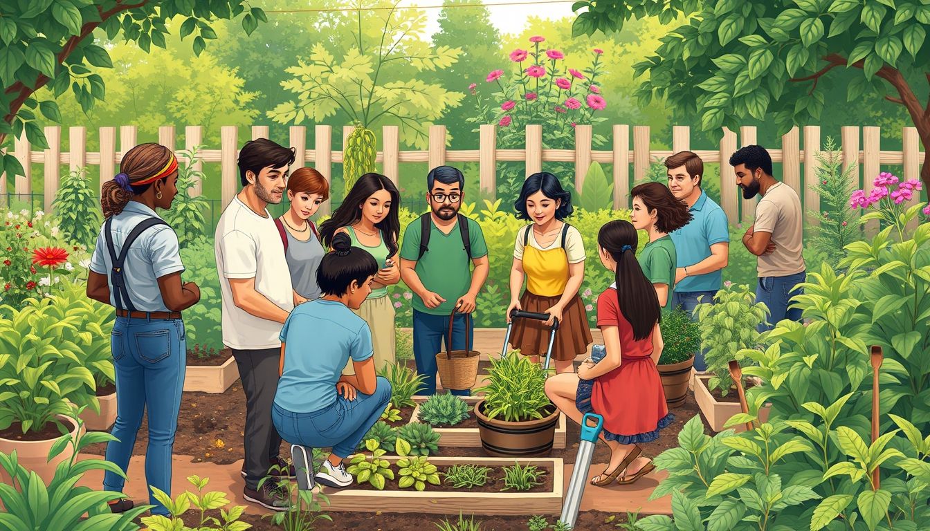 People at a gardening workshop in a community garden.