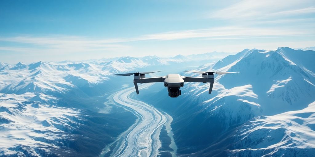 A drone flies high above snowy Alaskan mountains and glaciers.