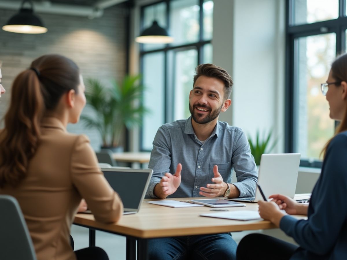 Întreprinzători discutând despre afaceri în birou modern.