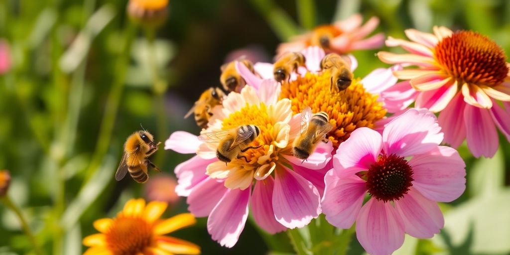 Bienen auf bunten Herbstblumen im Spätsommer.