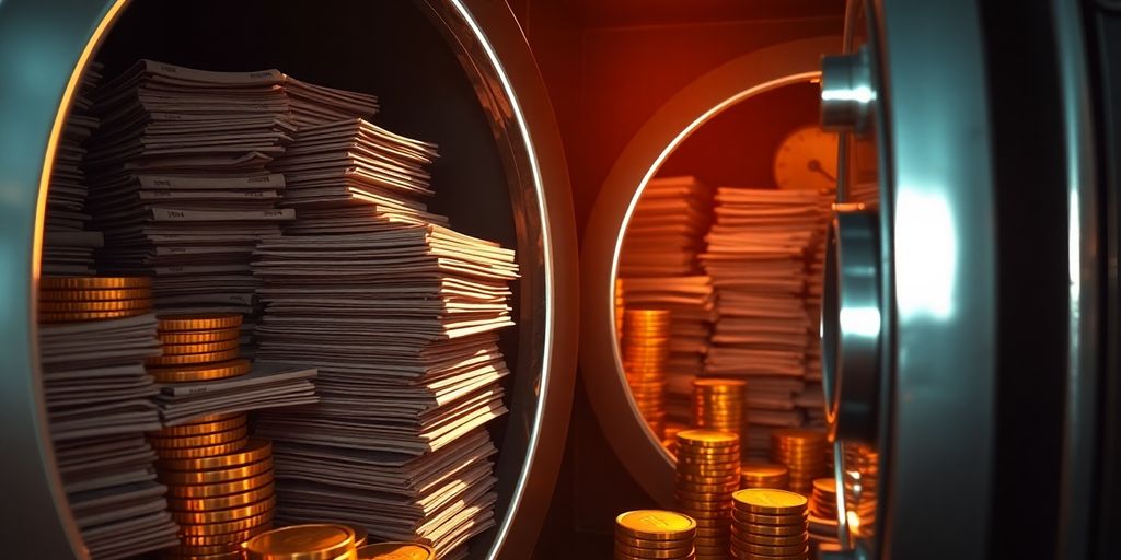 Des billets de banque et pièces d'or dans des coffres.