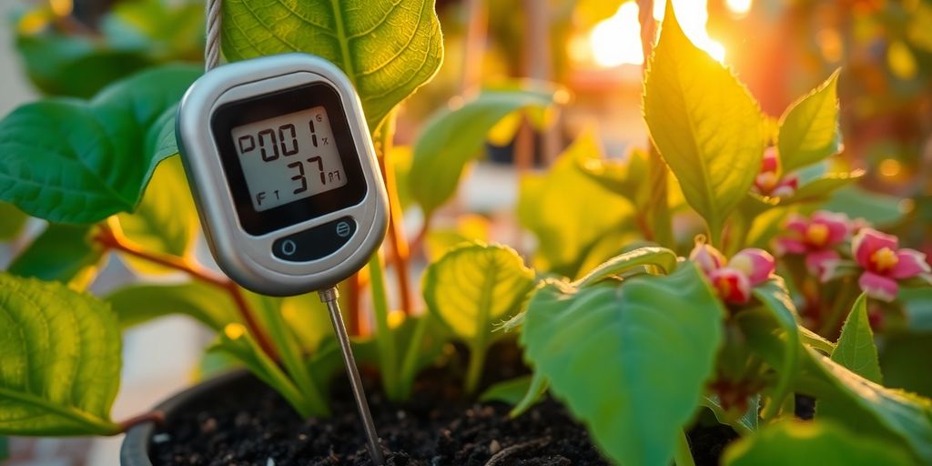 Medidor de Humedad Digital para Jardines Colgantes de Follaje Nativo Sudamericano en Áreas Cubiertas Medidor de humedad en follaje nativo sudamericano.