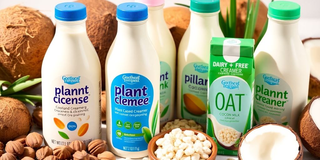 Diverse plant-based creamers with fresh ingredients on display.