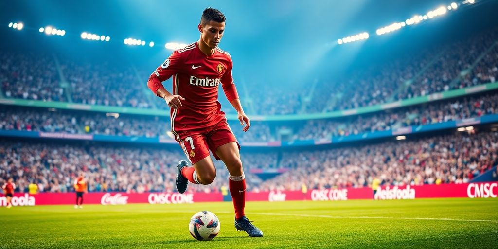 Cristiano Ronaldo dribbling the ball on the field.