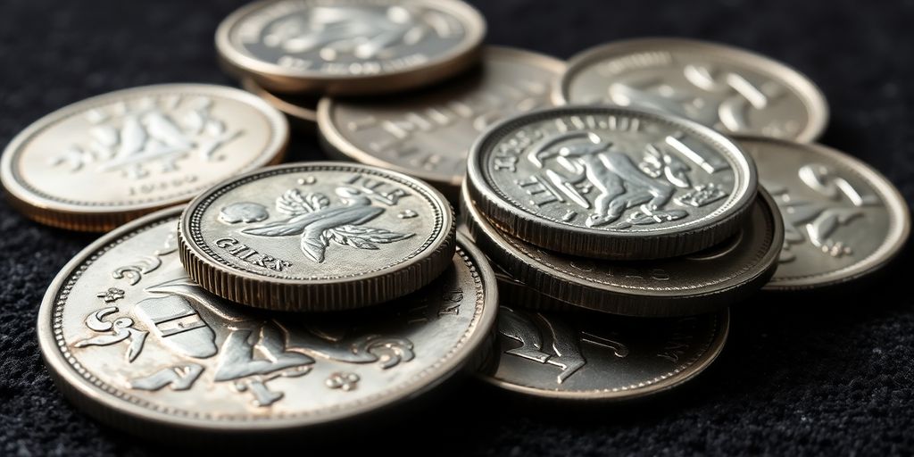 Pièces d'argent anciennes brillant, pile sur une surface sombre.