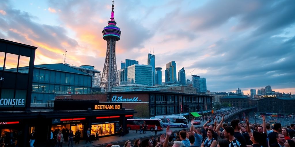 Manchester skyline with music venues and sports fans.