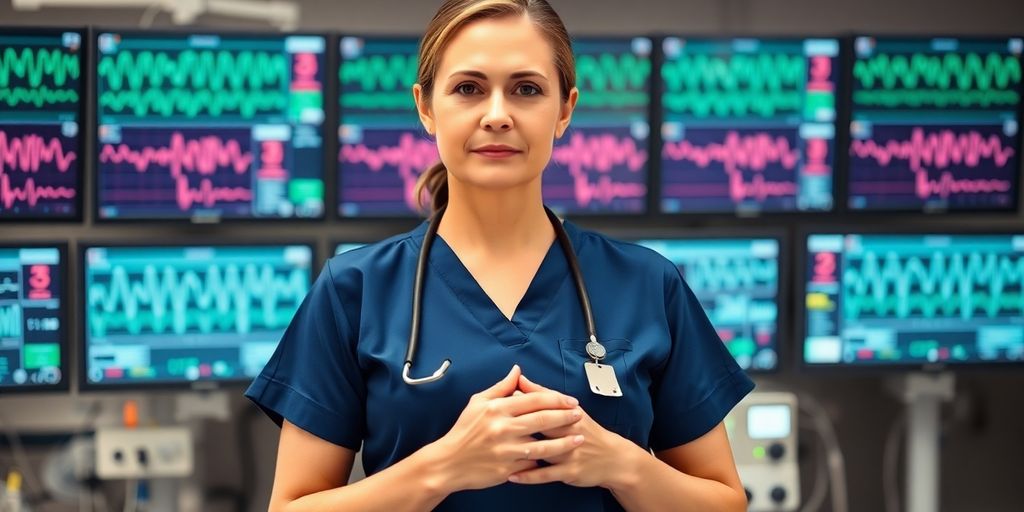 Nurse manager observing telemetry monitors, serious expression.