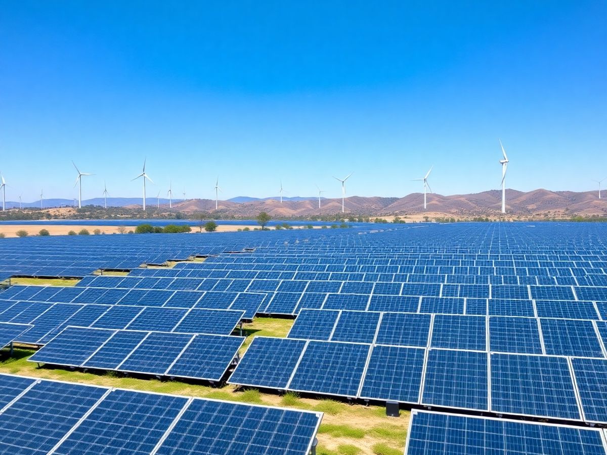 Turbine eoliene și panouri solare pe un fundal montan.