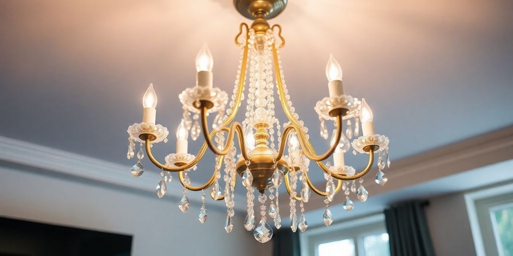 Elegant chandelier hanging in a stylish room setting.
