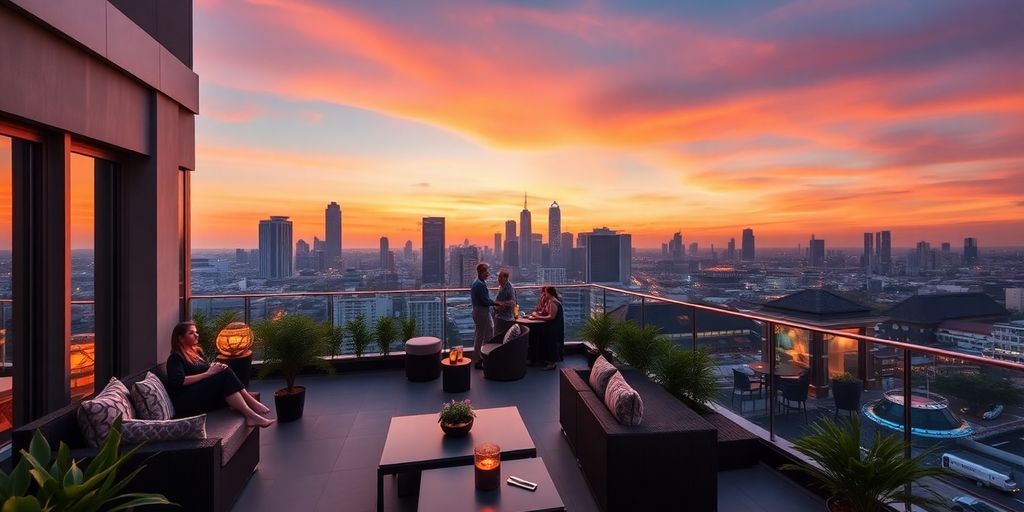 Luxurious penthouse balcony with Bangkok skyline view.