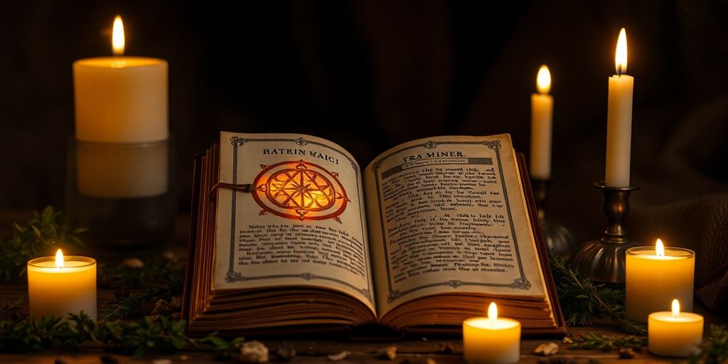 Imagem de um livro antigo com símbolos mágicos.