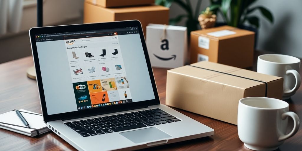 E-commerce workspace with laptop, shipping materials, and products.