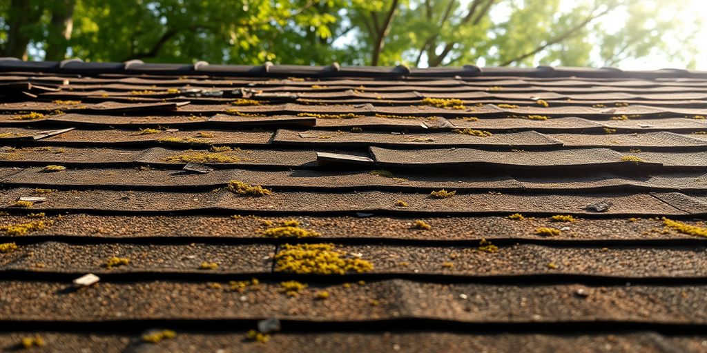 Versleten dak met mos en ontbrekende shingles.