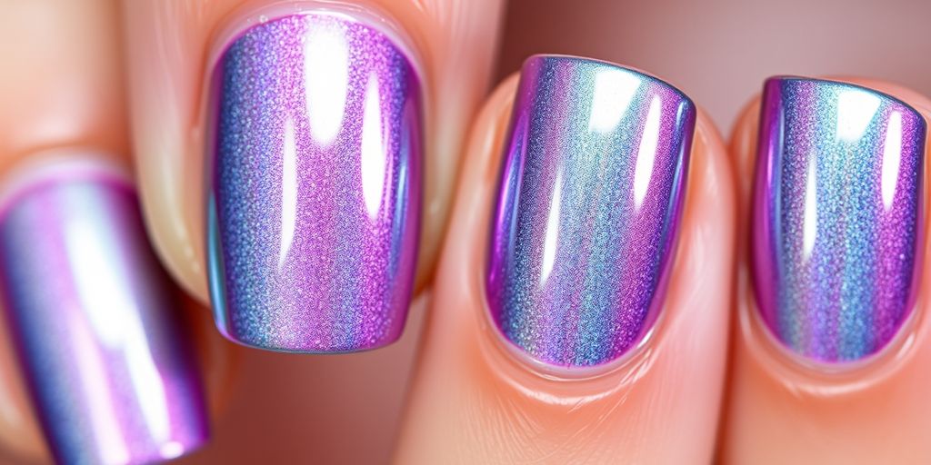 Unhas com esmalte metálico brilhante e colorido.