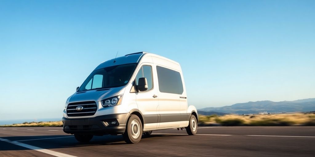 Van driving on road, insurance saving concept.