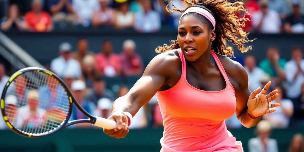 Serena Williams playing tennis in an intense match.