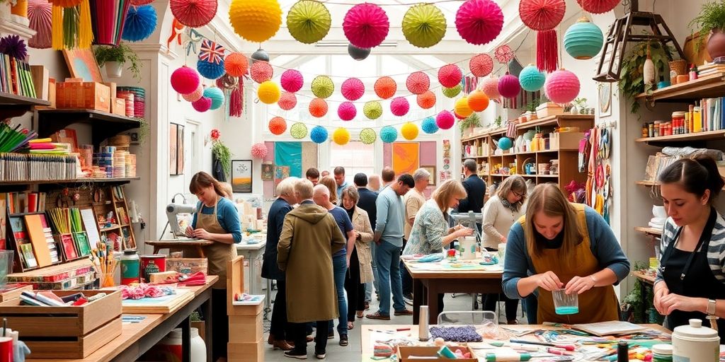 Crafting workshop in London with colorful materials and artisans.