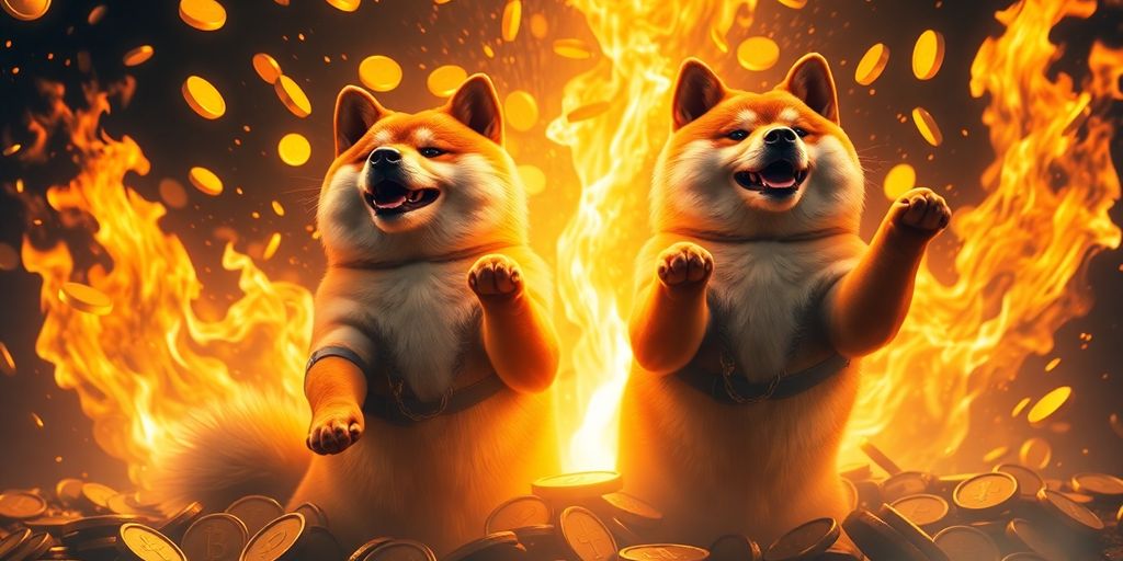 Shiba Inu coin amidst golden dog figures and rising flames.