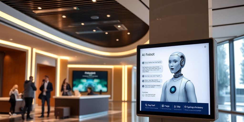 Futuristički hotel sa AI chatbot-om i gostima.