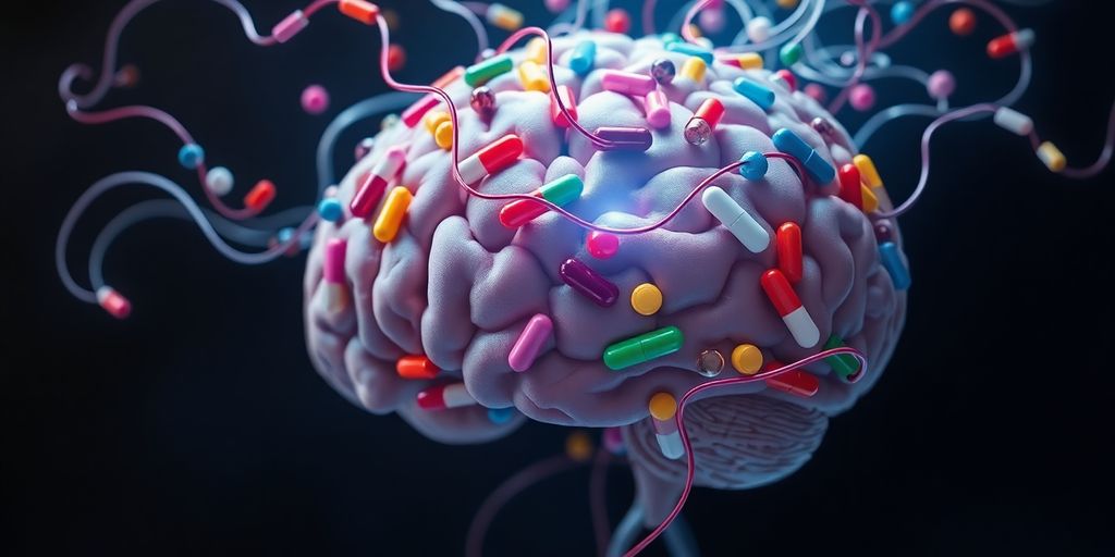 Brain with intertwined medication symbols.