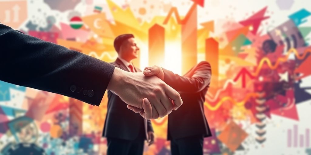 Business broker advising client near futuristic cityscape.