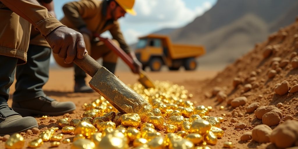 Activités minières représentant l'extraction de l'or.