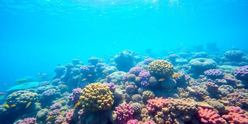 Bunte Korallenriffe und tropische Fische im klaren Wasser.