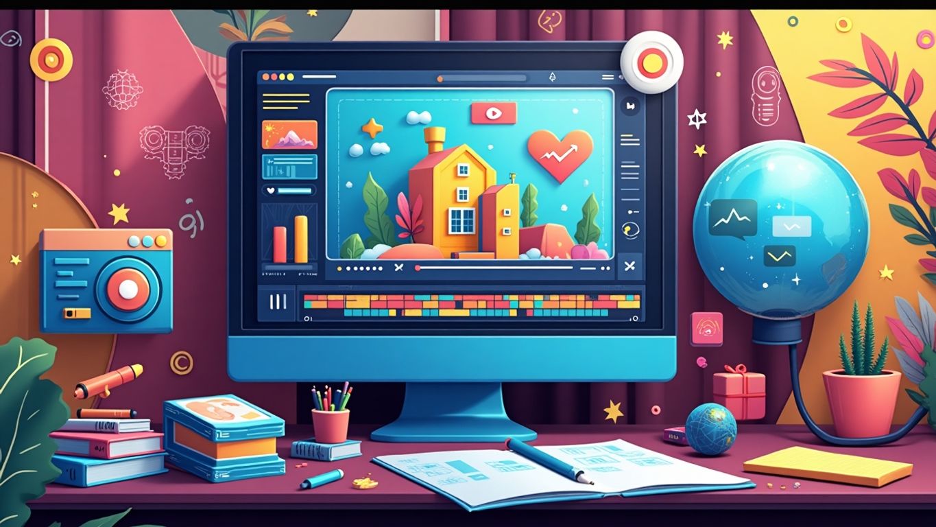 Collage of video editing tools and creative icons.