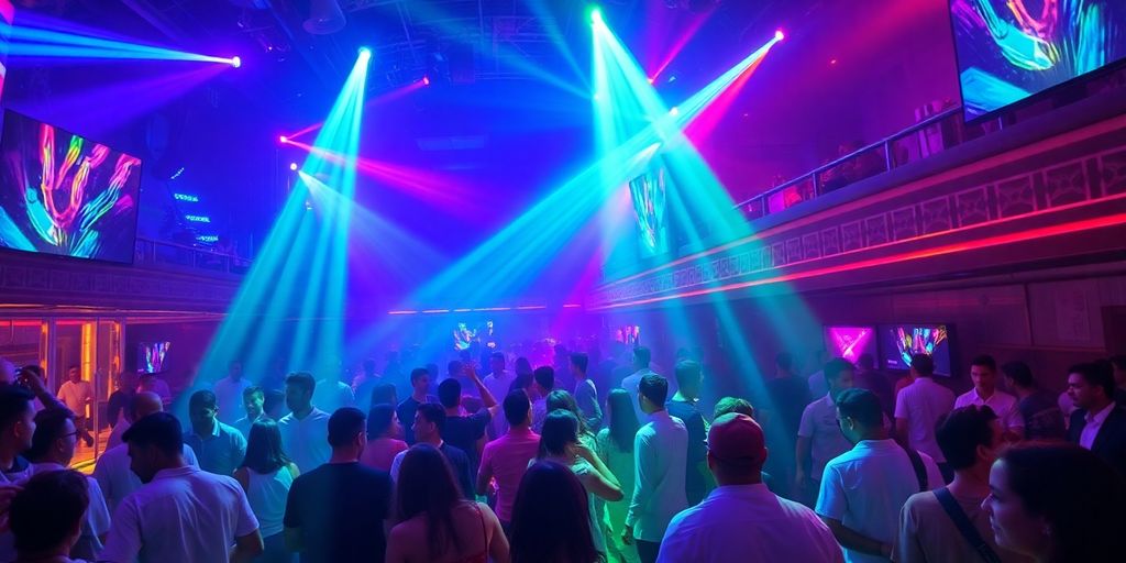 Lively nightclub scene in Abu Dhabi, filled with dancing.