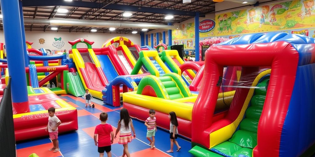 Children playing on colorful inflatables indoors