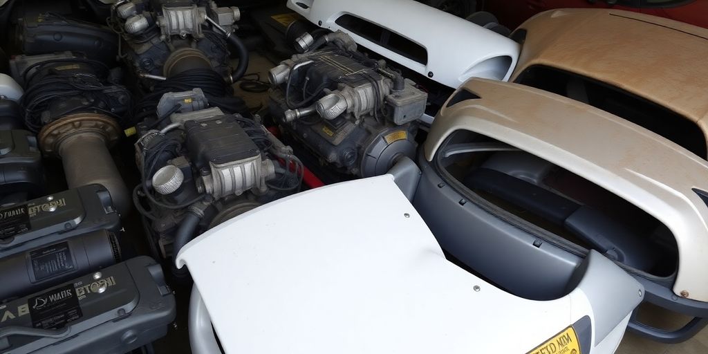 Mitsubishi car parts laid out neatly.