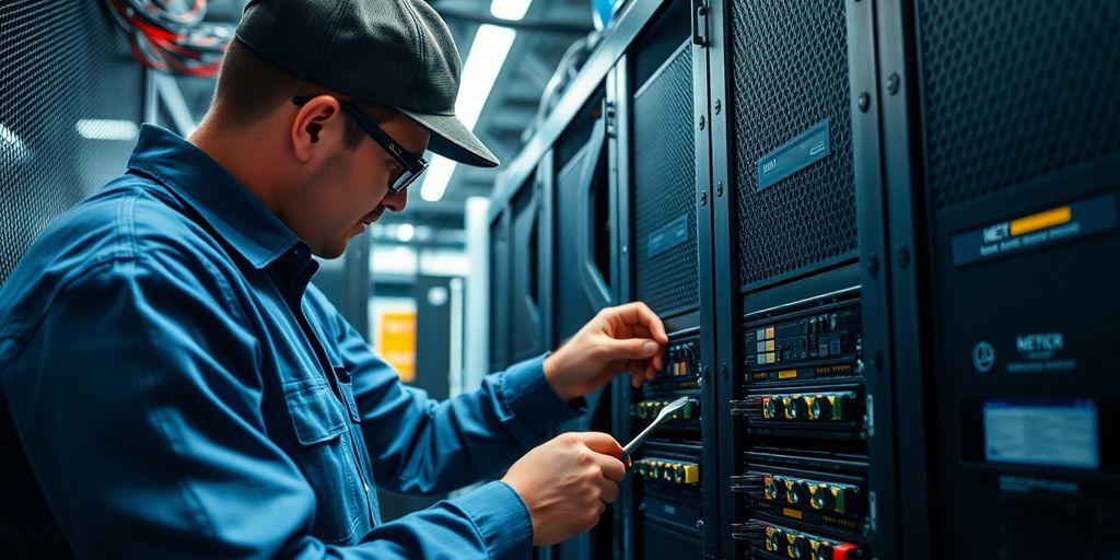 Technician fixing server equipment in a data center.