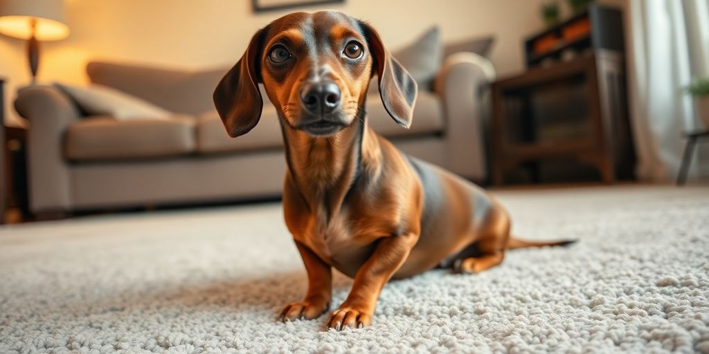 Playful dachshund on a cozy living room rug.