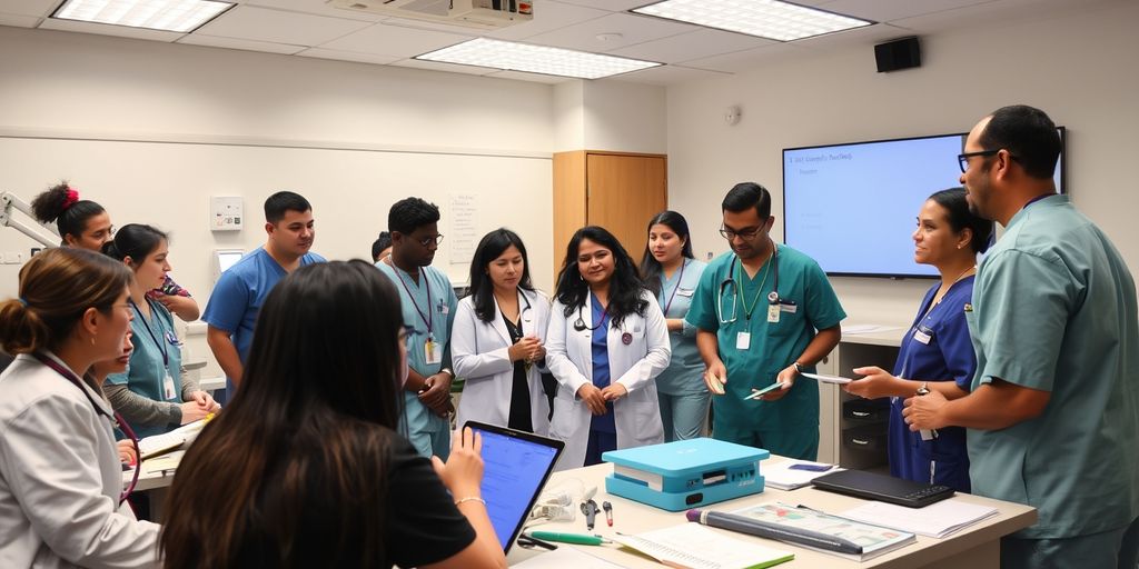 Healthcare professionals collaborating in a bright classroom setting.