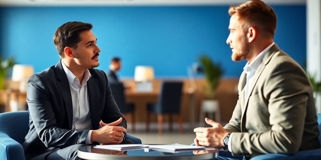 Branchenzuschläge in der Zeitarbeit: FAQ zu Höhe, Anspruch und Dauer Zwei Personen im Gespräch in einem modernen Büro.