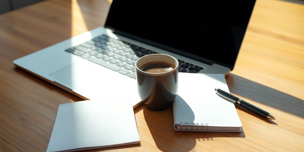 Laptop, coffee cup, and notepad on a desk.