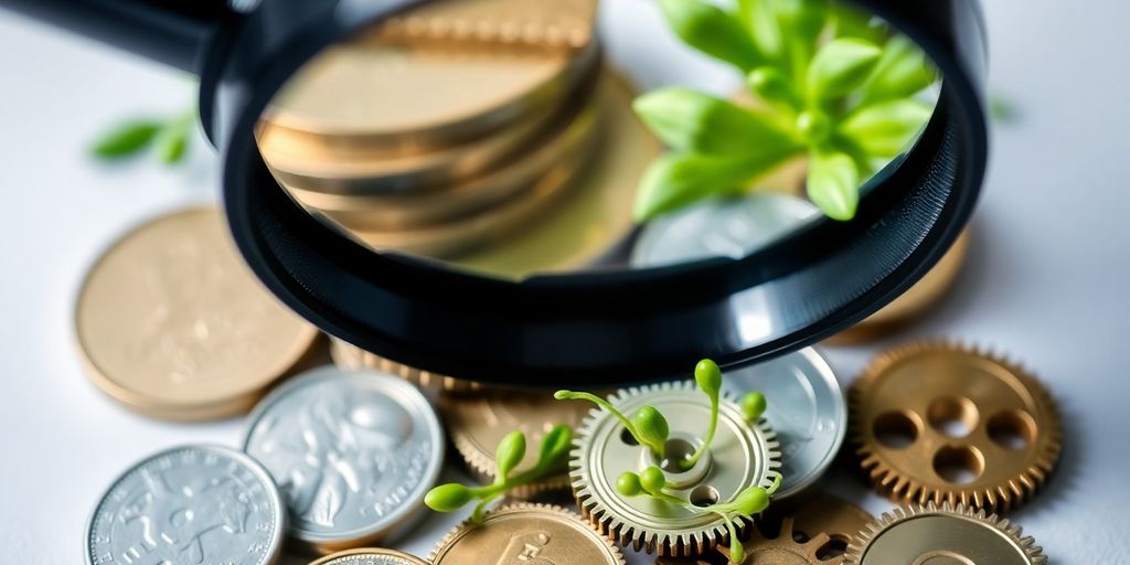 A magnifying glass above coins, gears, and sprouts.