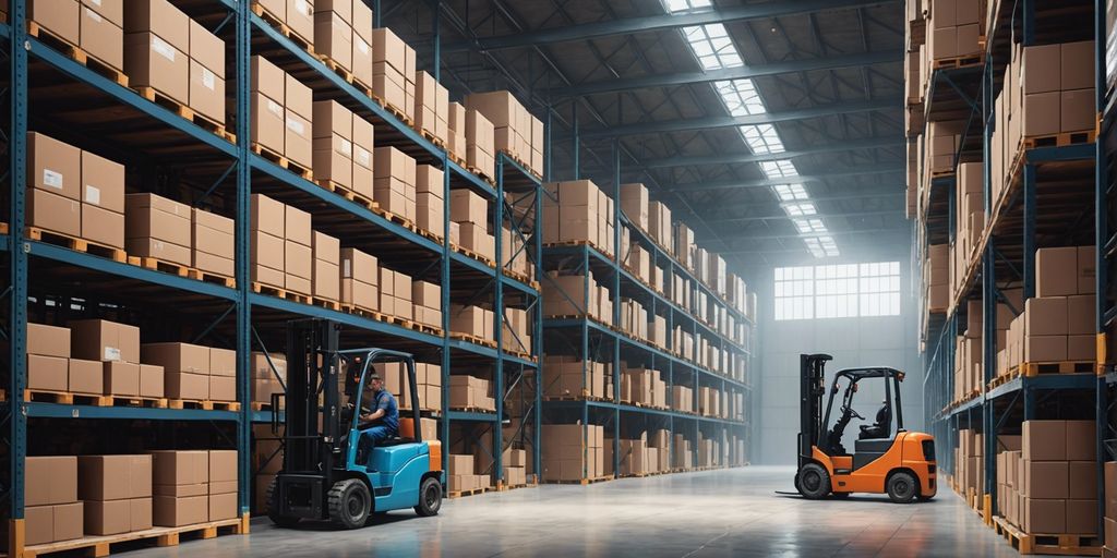 Modern warehouse with shelves and forklift, showcasing efficient storage for e-commerce businesses.